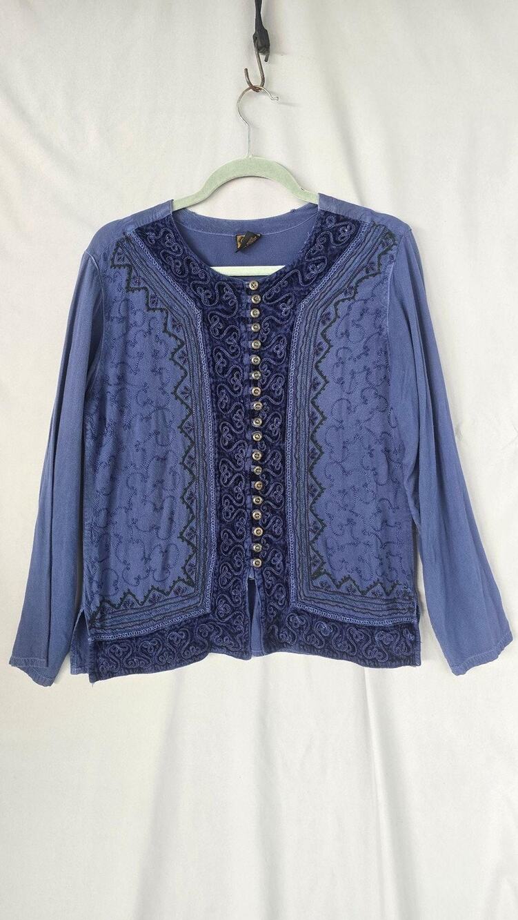 Geeta Blouse Womens Free Size Blue Embroidered Velvet Button Front Boho Top